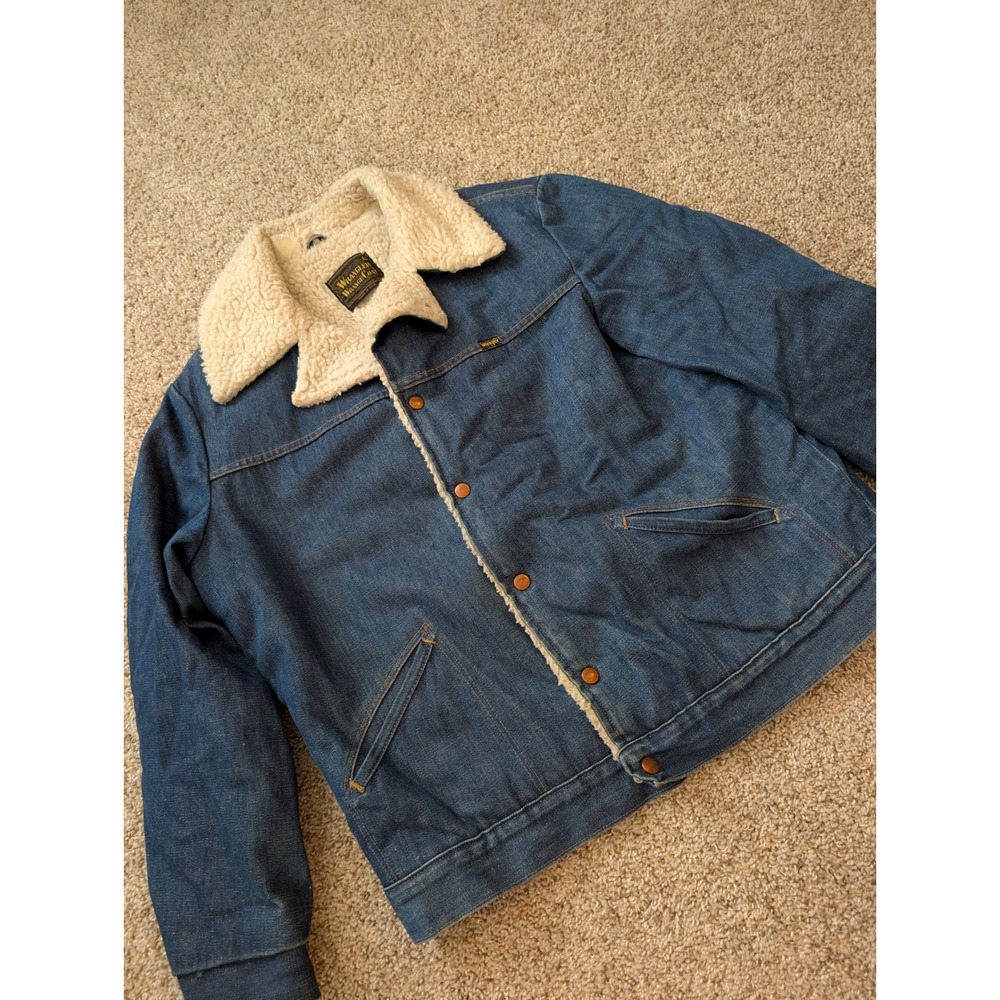 Vintage Wrangler Wrange Coat Mens Large Blue Denim Sherpa Lined Jacket USA Made